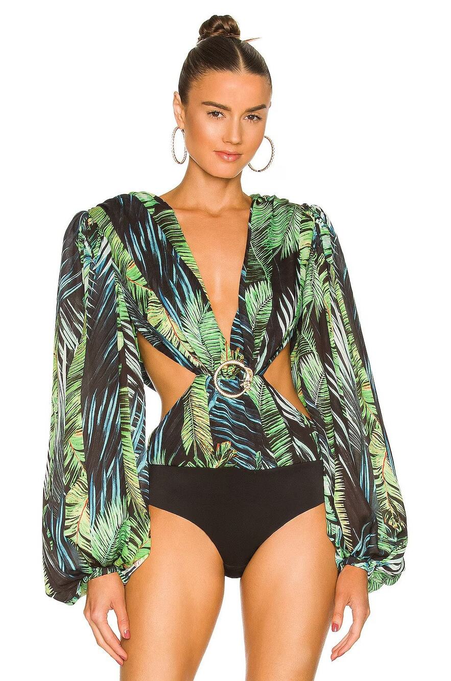 Bronx & Banco Jungle Tropical Silk Bodysuit Puff Sleeve Party Tropical Formal XS